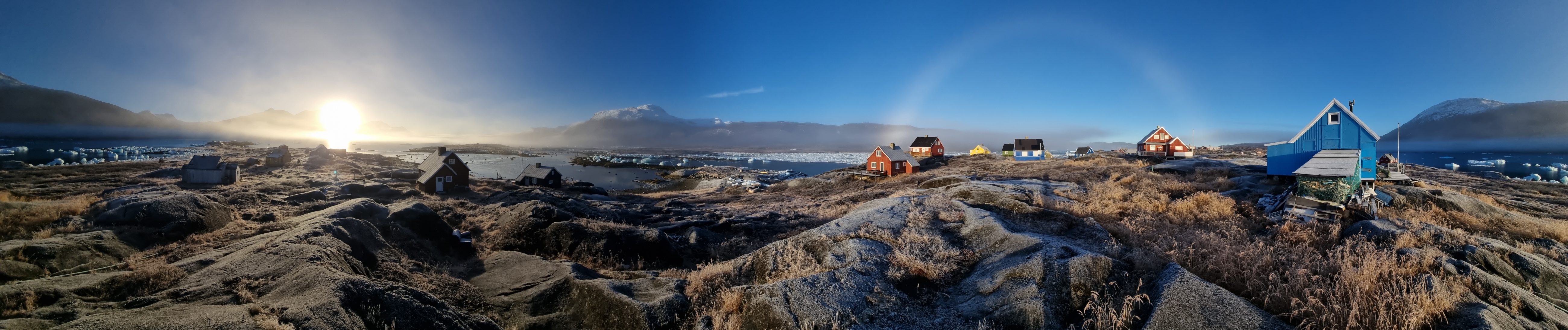 Panorama of a Greenlandic settlement at sunrise
